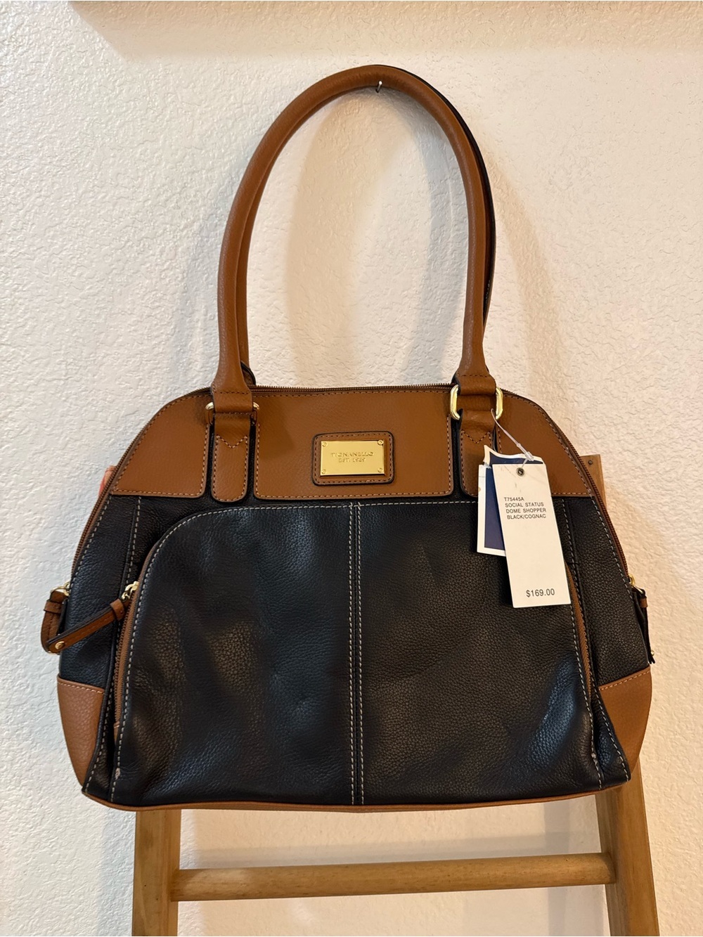 Tignanello Black and Brown Leather Dome Satchel